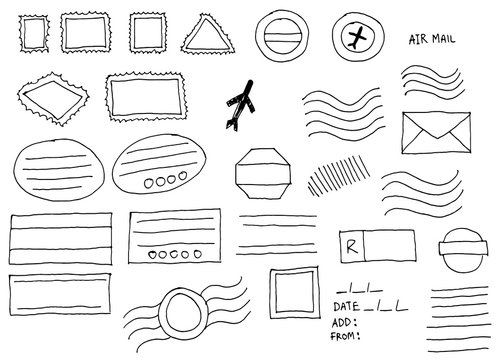 Blank doodle sketch postal stamps set.illustration vector