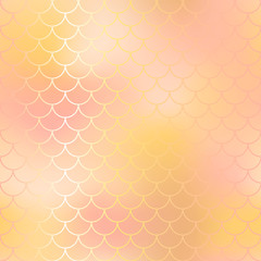 Yellow and pink gold abstract fish skin background. Fantastic fish scale pattern.