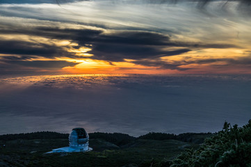 Astronomical observatory at dusk in La Palma