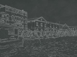 Chalkboard Drawing; The Landscape View of Canal and City in Venice, Italy