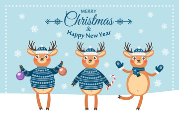 Happy New Year and Merry Christmas. Lovely postcard with reindeers