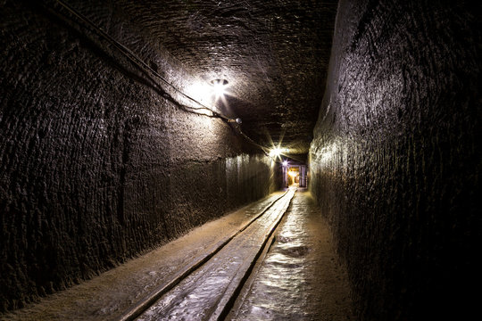 Galleries, illuminated tunnel in a salt mine