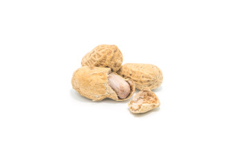 Dried peanuts in closeup on white background.