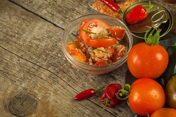 Homemade salad of tomato, cheese and chili peppers. Healthy diet food. Healthy breakfast.
