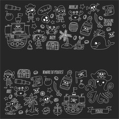 Pirate adventures Pirate party Kindergarten pirate party for children Adventure, treasure, pirates, octopus, whale, ship Kids drawing vector pattern