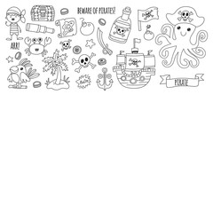 Pirate adventures Pirate party Kindergarten pirate party for children Adventure, treasure, pirates, octopus, whale, ship Kids drawing vector pattern