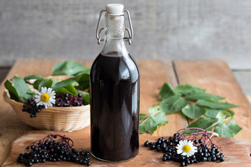 A bottle of freshly prepared elderberry syrup - obrazy, fototapety, plakaty
