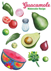 Guacamole ingredients handdrawn illustration. Vegetables and kitchenware by watercolor isolated on white background