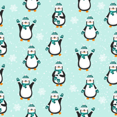 Seamless christmas background with cute northern penguins. Pattern