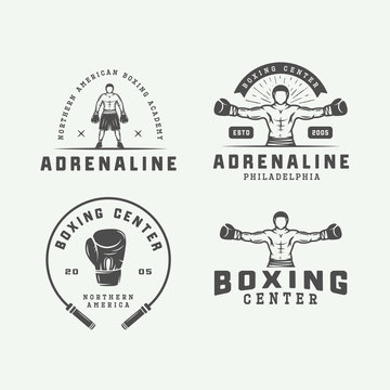Set of retro boxing and martial arts logo badges and labels in vintage style. Monochrome graphic Art. Vector Illustration.