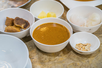 Spices in glass bowls.