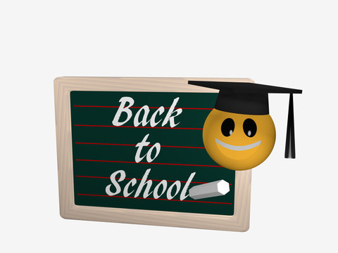 Schiefertafel mit dem Text Back to School. Daneben ist ein Emoticon mit einem High School Hut.