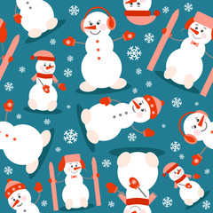 Seamless pattern. Funny snowman and snowflakes on a blue background.