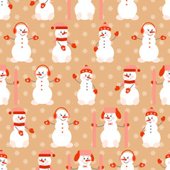 Funny cute snowman in a red winter coat and snowflakes.