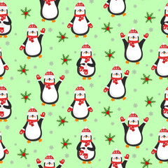 Seamless christmas background with cute northern penguins. Pattern