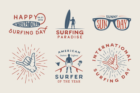 Set of vintage surfing logos, posters, prints, slogans in retro style. Vector Illustration. Monochrome graphic art.