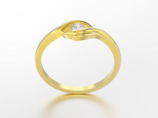 3D illustration yellow gold engagement illusion twisted ring with diamond with reflection