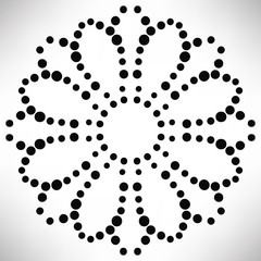 Ornamental round dotted flower isolated on white background. Black halftone mandala. Geometric circle element. Vector illustration.