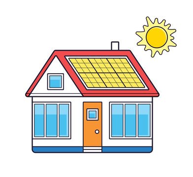 House with solar panel on a roof and sun. Vector isolated.