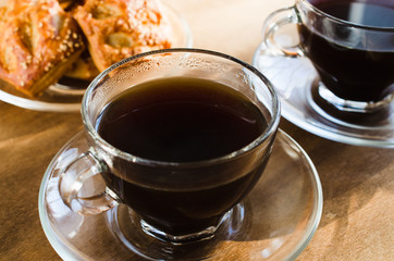 Two cups of coffee and pies. Good morning concept.