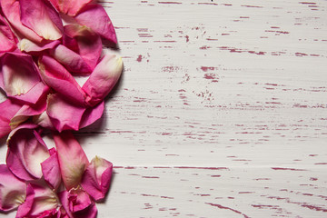 White wooden background with a border of rose petals