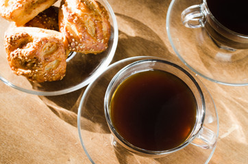 Two cups of coffee and pies. Good morning concept.