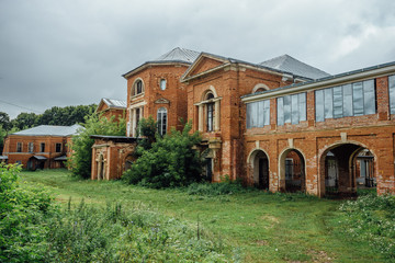 Abandoned and overgrown former Nechaev's mansion in Polibino village in Lipetsk Region