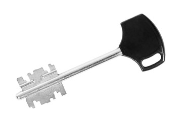 metal key with plastic handle isolated on white background