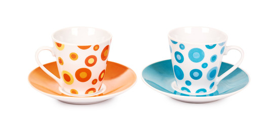 color cup and saucer isolated on white background.