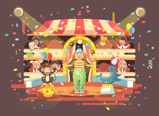 Vector illustration cartoon characters children, schoolboy, schoolgirl, boys and girls watching performance in interior of circus, show clown juggles on arena, perform trained animals flat style