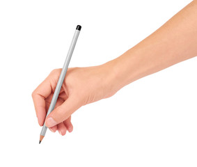 Gray pencil in hand for drawing isolated on white background