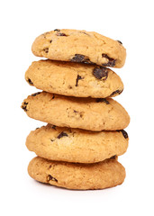 Pile of chocolate chip cookies isolated on white background