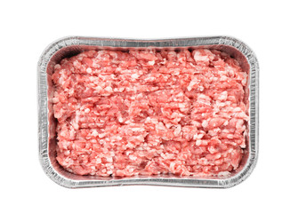 Container with fresh forcemeat, isolated on white