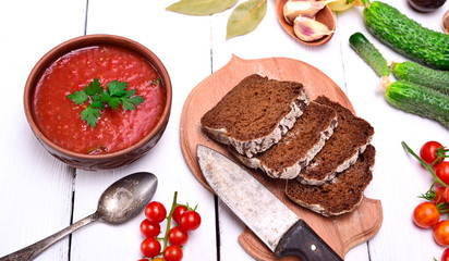 Gazpacho spanish cold soup in a round ceramic plate