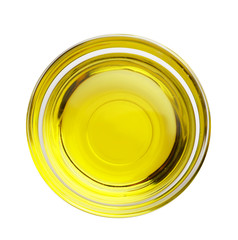Glass bowl with olive oil on white background