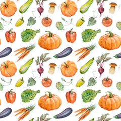 Seamless pattern with watercolor and vegetables (pumpkin, eggplant, carrot, tomato, pepper, sparkling, mushroom, salad) hand drawn isolated on a white background