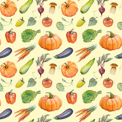Seamless pattern with watercolor and vegetables (pumpkin, eggplant, carrot, tomato, pepper, sparkling, mushroom, salad) hand drawn isolated on a yellow background