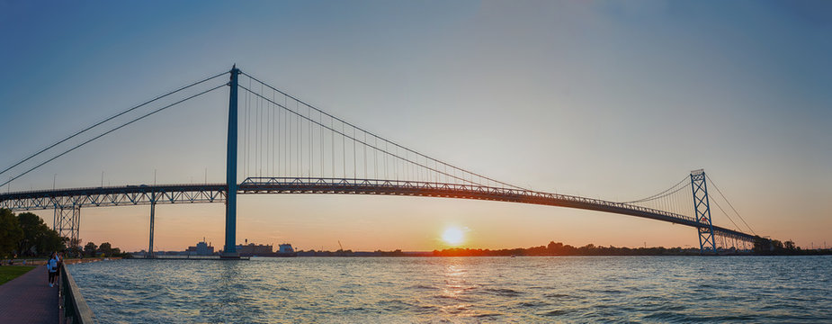 Panoramic view of Ambassador Bridge connecting Windsor, Ontario to Detroit Michigan