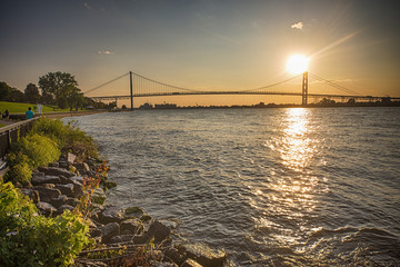 View of Ambassador Bridge connecting Windsor, Ontario to Detroit Michigan