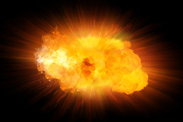 Realistic fire explosion, orange blast with sparks isolated on black background - obrazy, fototapety, plakaty