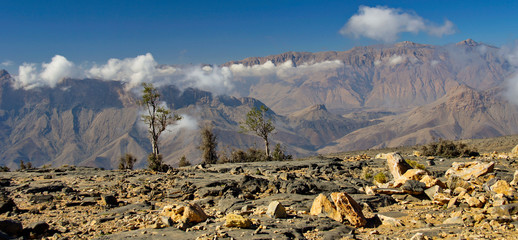 A landscape from the Hajar mountains range in Oman