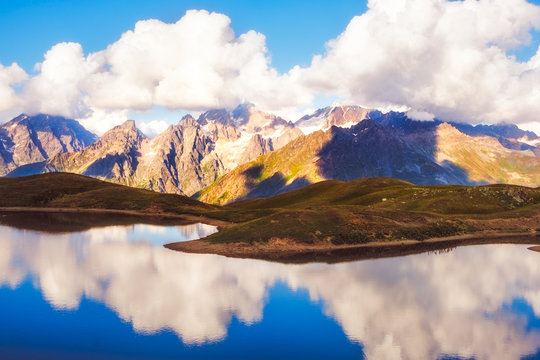Scenic view of mountains and lake reflection, Svaneti national park