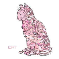 Cat. Design Zentangle. Hand drawn cat with abstract patterns on isolation background. Design for spiritual relaxation for adults. Print for polygraphy, t-shirts