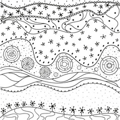 Abstract eastern pattern. Hand drawn texture with abstract patterns on isolation background. Design for spiritual relaxation for adults. Line art creation. Black and white illustration for coloring.