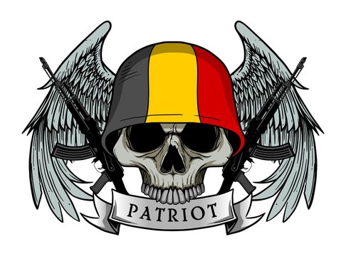 Military skull or patriot skull with BELGIUM flag Helmet and Wings Background and ak47 Gun