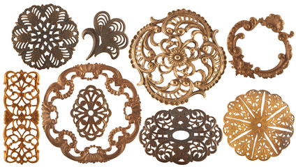 antique golden jewelry elements isolated on white background