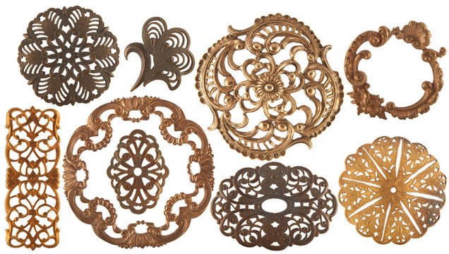 antique golden jewelry elements isolated on white background