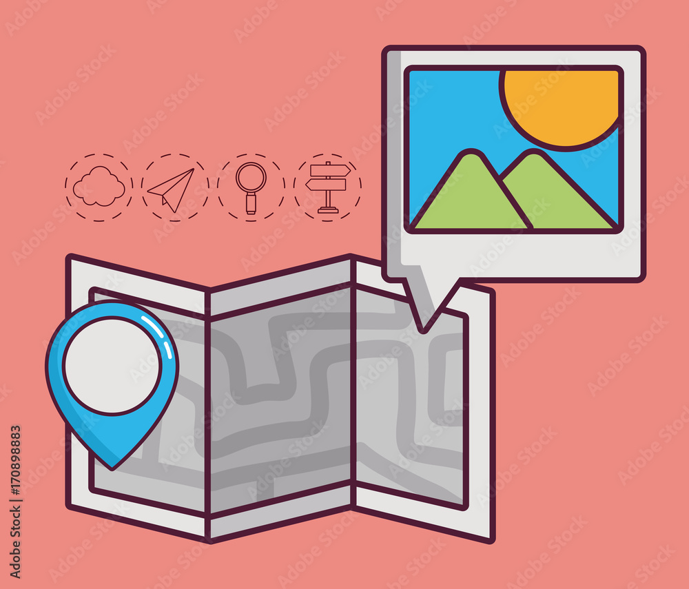 Poster map with navigation and location related icons around over pink background colorful design vector il