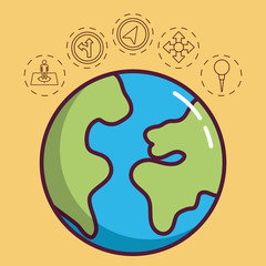 earth planet with navigation and location related icons around over yellow background colorful design vector illustraiton