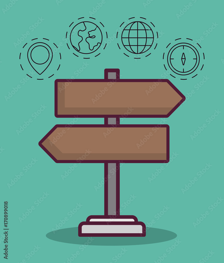 Poster road sign with navigation and location related icons around over turquoise background colorful desig
